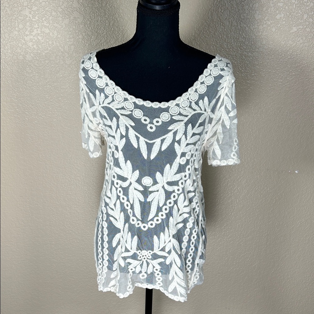 Capri Cream Lace Blouse Boho Floral Embroidered Top Size Small